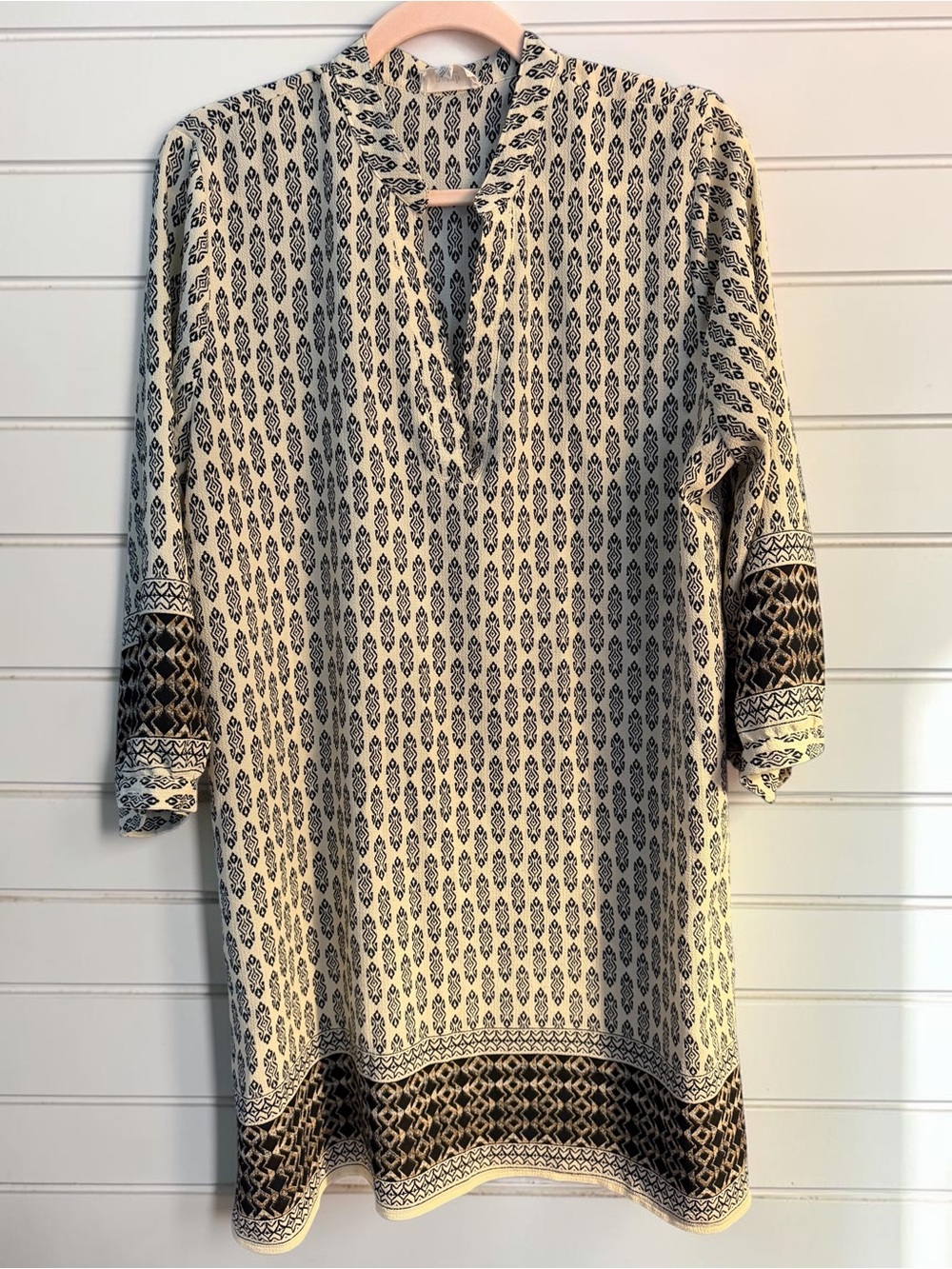 Perch by Blu Pepper Tunic Dress 1XL Ivory Black Ikat Print Boho V-Neck